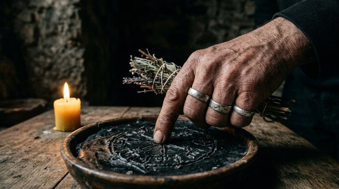 Hand tracing symbols in dark earth by candlelight