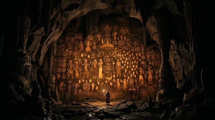 ast cave, small figure holding a torch, stone wall with symbols from different traditions