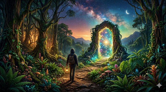 Lone figure with lantern walking through a lush jungle toward a glowing stone archway under a starry night sky — plant medicine and spiritual tradition