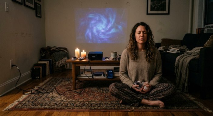 Curly-haired woman gazing toward an intense light in the darkness, evoking the threshold between the visible and the invisible