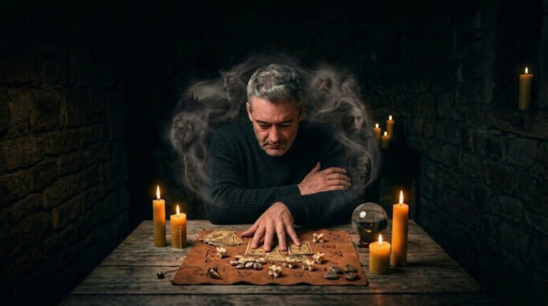 Man at a table with tarot cards, bones, runes, a crystal ball and candles, surrounded by spirit figures emerging from smoke