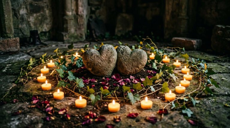 Two stone hearts surrounded by red votive candles, rose petals and ivy arranged in a ritual circle