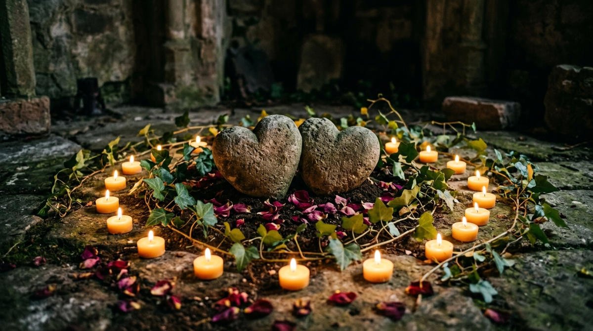 Two stone hearts surrounded by red votive candles, rose petals and ivy arranged in a ritual circle