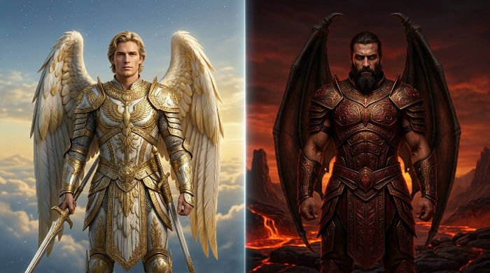 Winged warrior in golden armor beside a horned figure in dark armor against a volcanic landscape — what angels and demons really mean