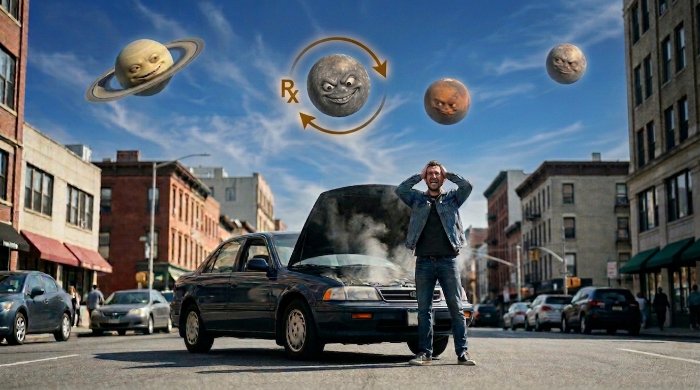 Person in despair next to a broken down car while Mercury retrograde and mischievous planets watch from the sky — the car nobody took to the mechanic