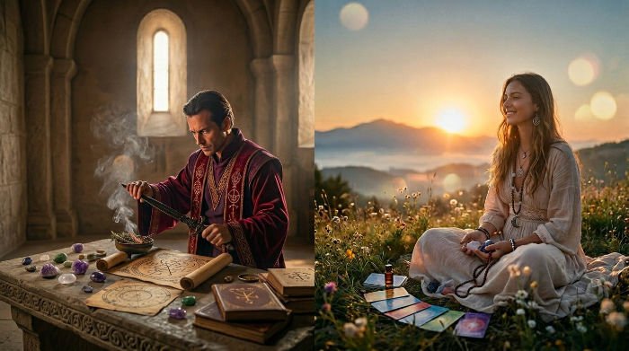 obed practitioner performing ritual at stone altar with manuscripts and crystals, beside a woman meditating outdoors at sunrise with tarot cards — traditional spirituality vs. new age