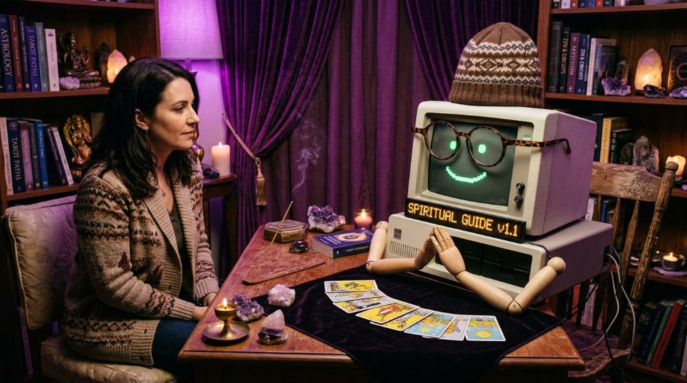 Woman in a spiritual consultation facing a 1980s CRT computer wearing glasses and a beanie hat, pixel smiley face and Spiritual Guide v1.1 label, surrounded by crystals and tarot cards