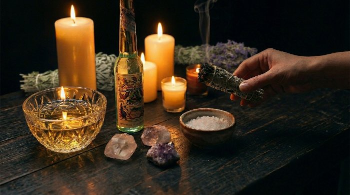 Table with candles, Agua Florida, crystals and lit sage bundle for a spiritual cleansing