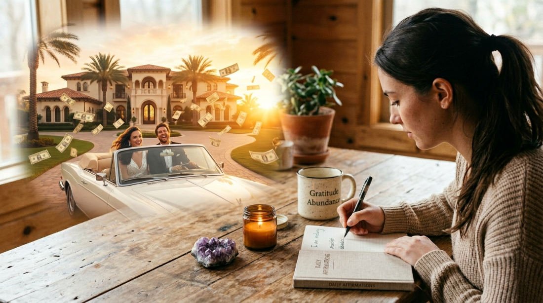 Woman writing affirmations in a journal next to a gratitude mug, a candle and an amethyst crystal, while visualizing a luxury life with a mansion and a convertible car
