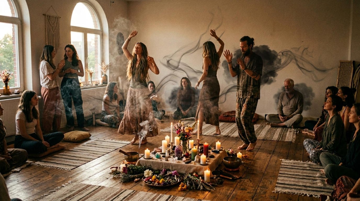Group of people at a boho spiritual retreat with candles, crystals and altar, while dark energy masses move through them unnoticed
