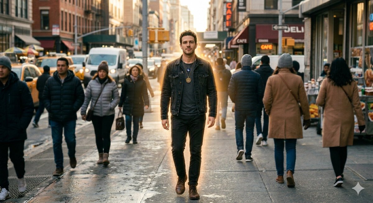 Man walking through a crowded city street surrounded by a glowing golden aura, wearing a Medusa medallion and evil eye pendant