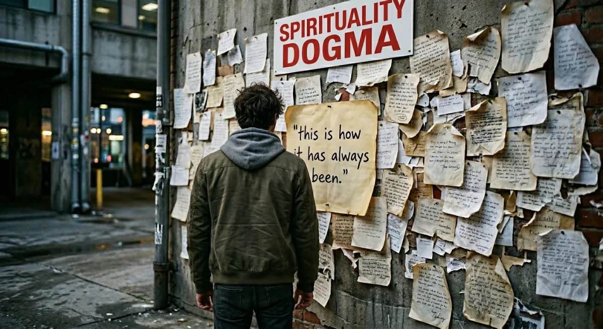 Man seen from behind looking at an urban wall covered in papers with a SPIRITUALITY DOGMA sign at the top and a central sheet reading "this is how it has always been