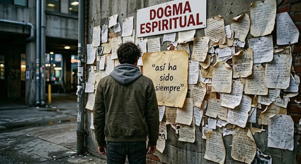 Hombre de espaldas mirando una pared urbana cubierta de papeles con el cartel DOGMA ESPIRITUAL arriba y una hoja central con la frase "así ha sido siempre"