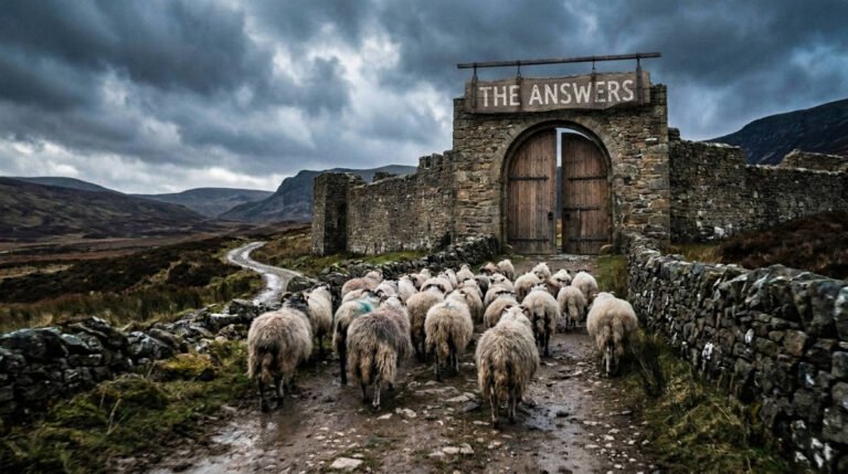 A flock of sheep walking towards a stone door with a sign reading "The Answers"