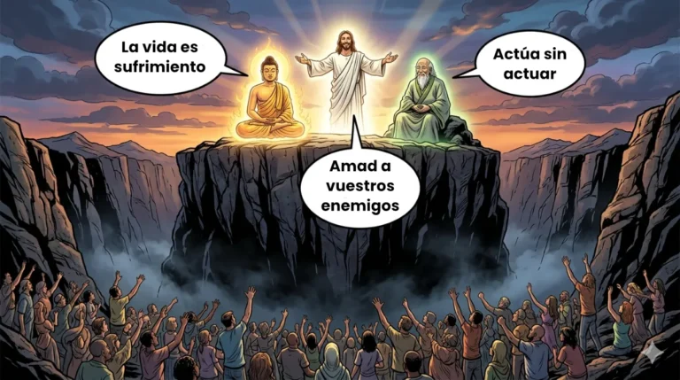 Buda, Jesús y Lao Tse en lo alto de un acantilado con bocadillos, multitud abajo sin poder alcanzarlos