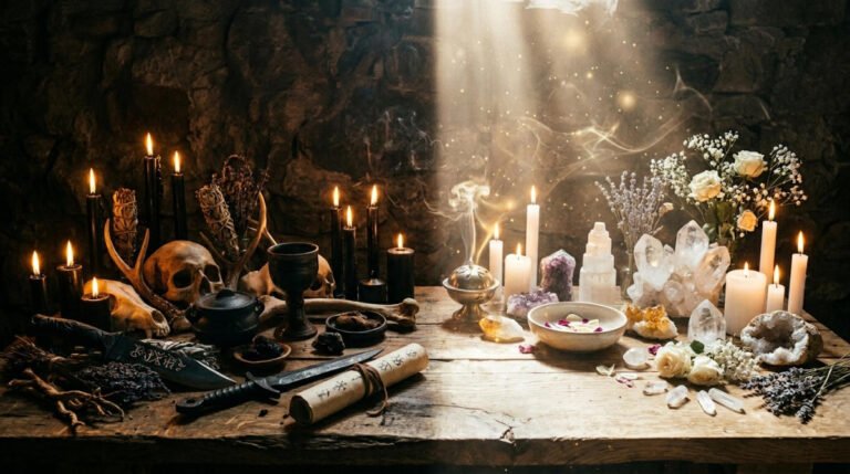 Ritual altar split by light, dark side with black candles skull athame and parchment with sigils, bright side with crystals white candles and flowers