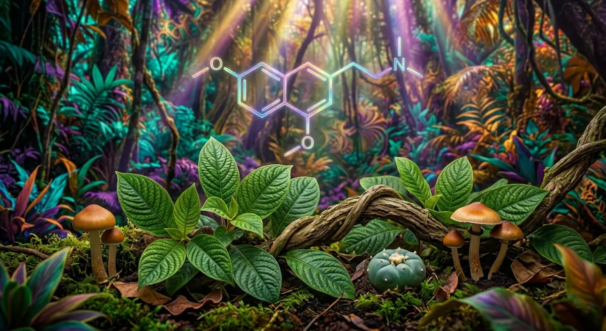 Hyperrealistic photograph of chacruna leaves, an ayahuasca vine, psilocybin mushrooms and a peyote cactus in the foreground, with a glowing iridescent mescaline chemical formula floating above a psychedelic jungle background with golden and violet light rays