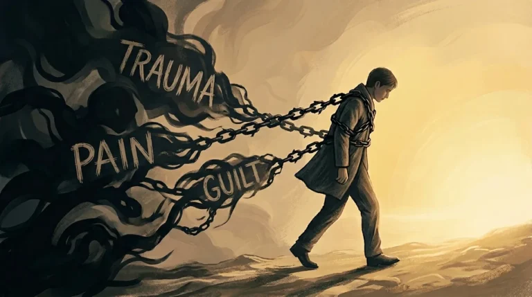 Illustration of a man walking toward golden light with chains binding him to a dark mass with the words trauma, pain and guilt