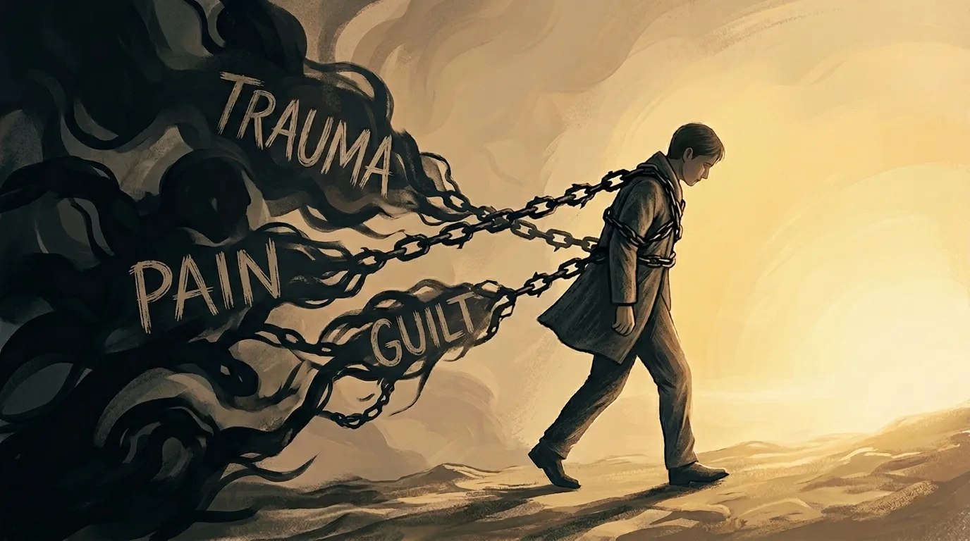 Illustration of a man walking toward golden light with chains binding him to a dark mass with the words trauma, pain and guilt