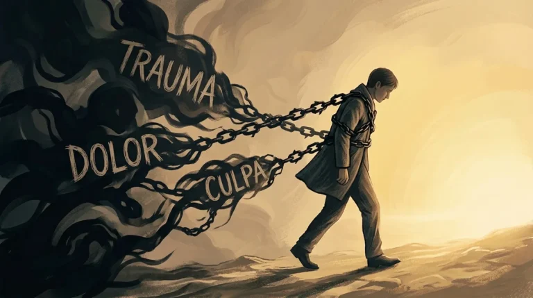 Ilustración de un hombre caminando hacia una luz dorada con cadenas que le atan a una masa oscura con las palabras trauma, dolor y culpa