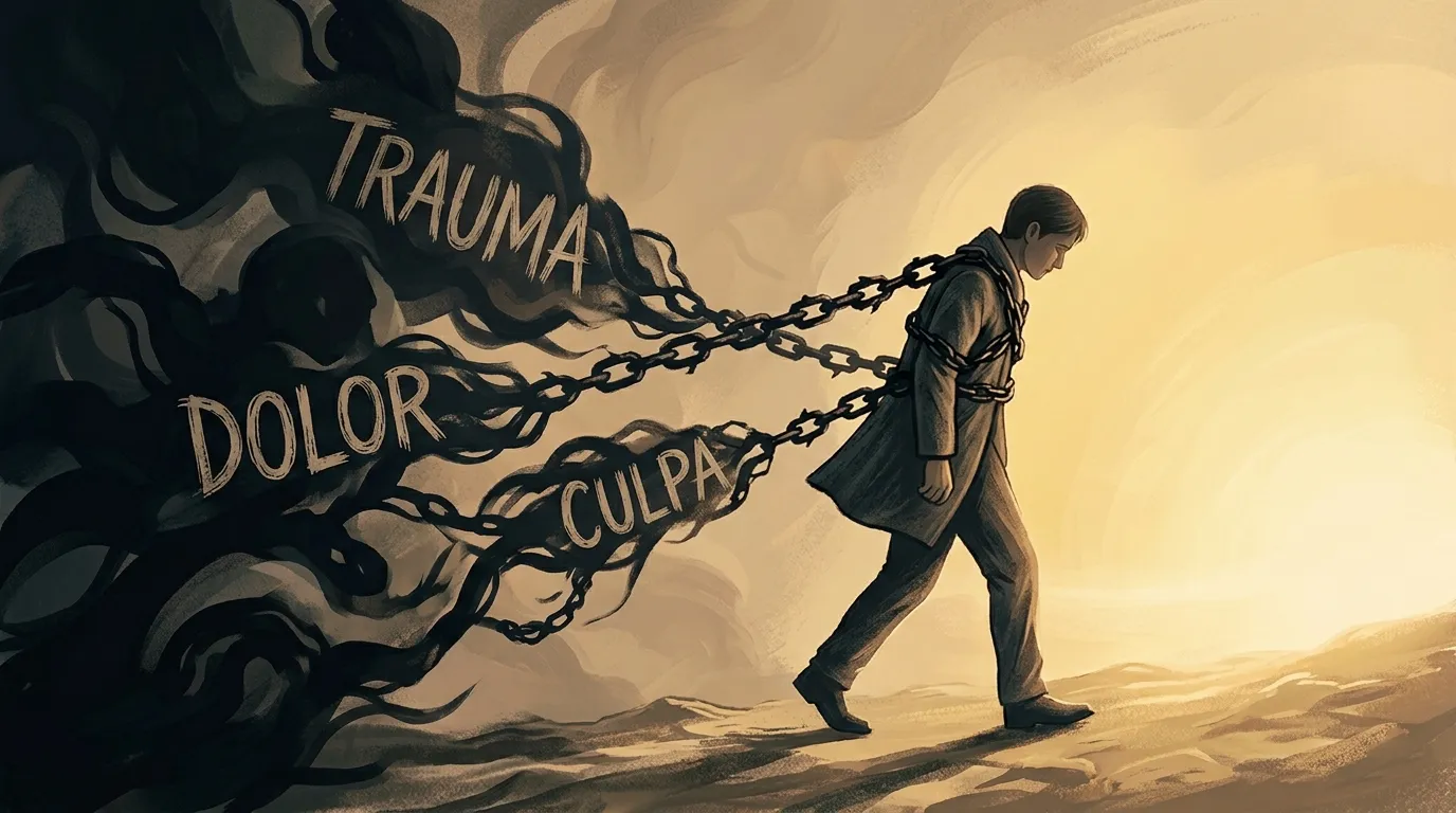 Ilustración de un hombre caminando hacia una luz dorada con cadenas que le atan a una masa oscura con las palabras trauma, dolor y culpa