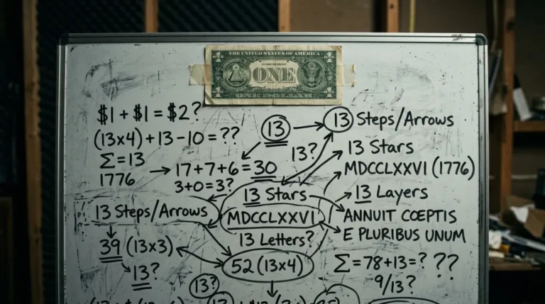 White whiteboard with a dollar bill taped at the top and handwritten arrows, calculations and numbers covering the surface
