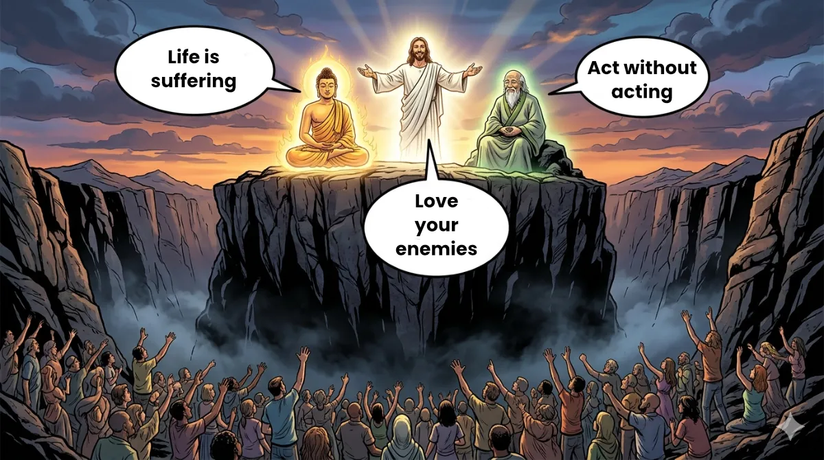Buddha, Jesus and Lao Tzu on top of a cliff with speech bubbles, crowd below unable to reach them